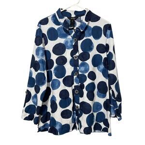 Ali Miles Linen Blend Shirt Blue White Geo Circle Print Roll Tab Sleeve Medium